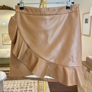 Bluivy NWT Boutique Camel Tan Ruffled Faux Leather Mini Wrap Skirt- Size Small